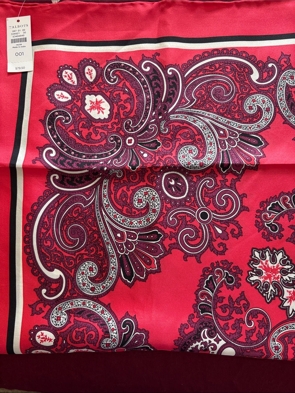 Talbots Vibrant Red Paisley Silk Square Scarf